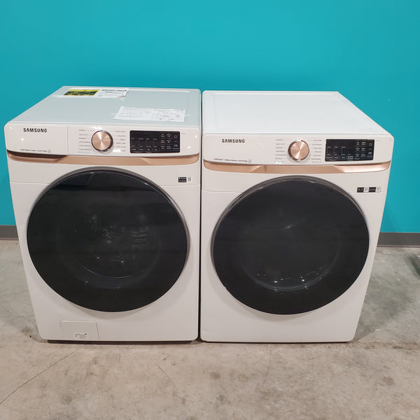 Samsung Ivory 5.0 cu. ft. Extra Large Capacity Smart Front Load Washer with Super Speed Wash WF50BG8300AEUS and Steam and 7.5 cu. ft. Smart Electric Dryer with Steam Sanitize+ and Sensor Dry DVE50BG8300EA3