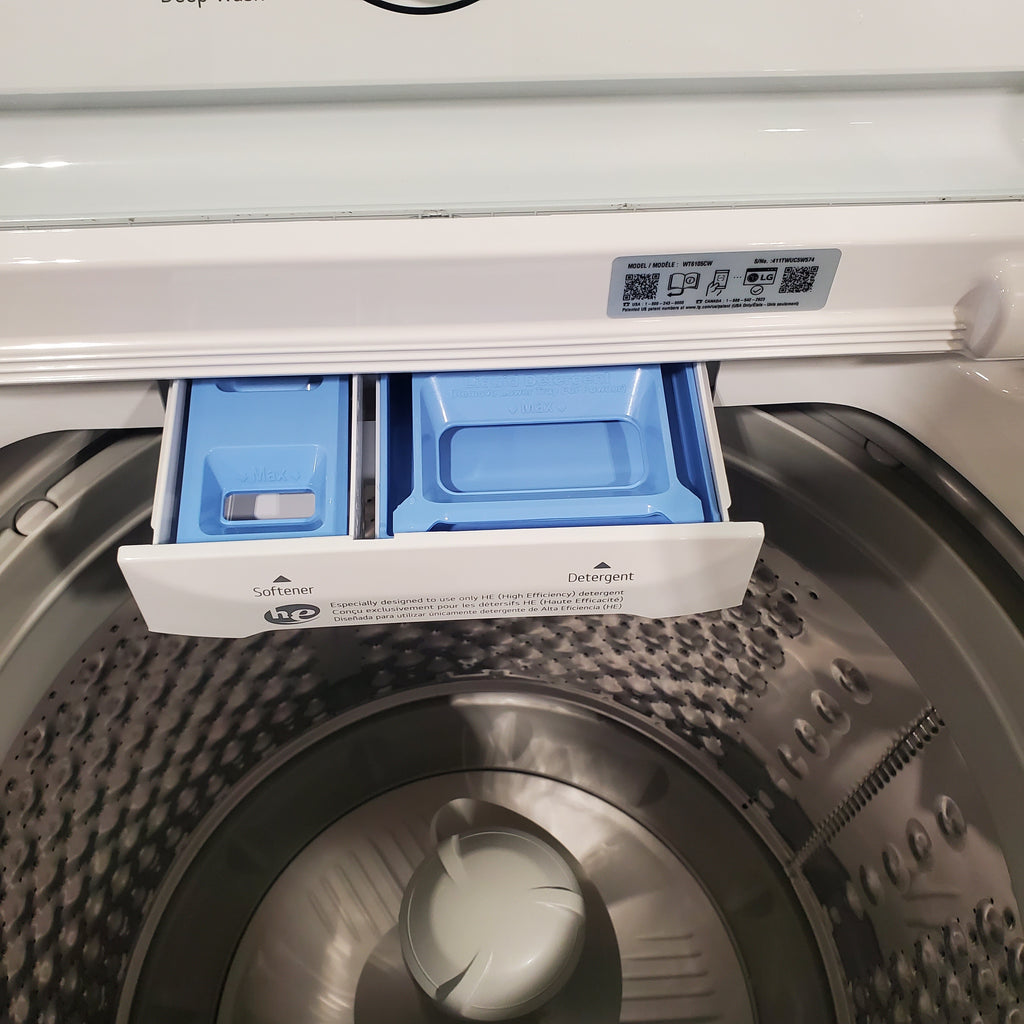 Pictures of ENERGY STAR LG 4.1 cu. ft. Top Load Washing Machine with 4-Way Agitator WT6105CW and ENERGY STAR LG 7.3 cu. ft. Electric Dryer with Smart Diagnosis DLE6100W - Scratch & Dent - Minor - Neu Appliance Outlet - Discount Appliance Outlet in Austin, Tx