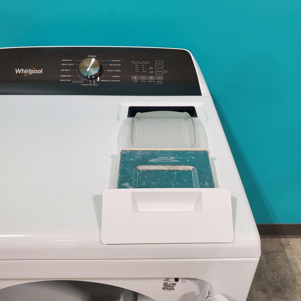 Pictures of Whirlpool 4.7–4.8 Cu. Ft. Top Load Washer with 2 in 1 Removable Agitator with Built-In Water Faucet WTW5057LW and 7.0 Cu. Ft. Top Load Electric Moisture Sensing Steam Dryer with Wrinkle Shield™ Option WED5050LW - Neu Appliance Outlet - Discount Appliance Outlet in Austin, Tx