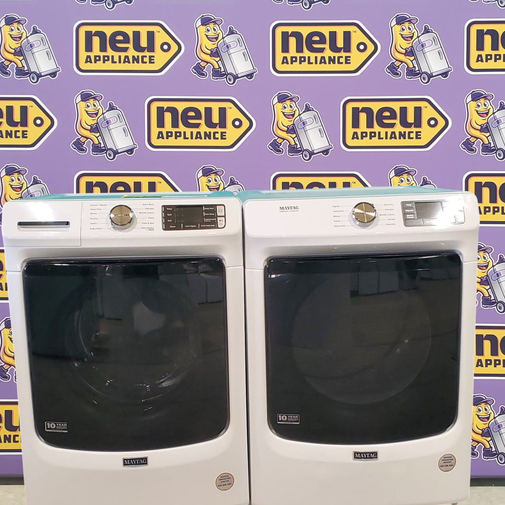 Pictures of Maytag Front Load 4.8 Cu. Ft. Washer with 16 Hour Fresh Hold Option MHW6630HW - Scratch and Dent (Moderate) and Maytag Front Load 7.3 Cu. Ft. Electric Dryer with Extra Power and Quick Dry Cycle MED5630HW - Open Box - Neu Appliance Outlet - Discount Appliance Outlet in Austin, Tx