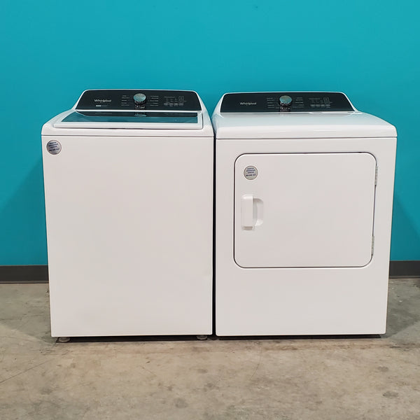 Whirlpool 4.7–4.8 Cu. Ft. Top Load Washer with 2 in 1 Removable Agitator with Built-In Water Faucet WTW5057LW and 7.0 Cu. Ft. Top Load Electric Moisture Sensing Steam Dryer with Wrinkle Shield™ Option WED5050LW