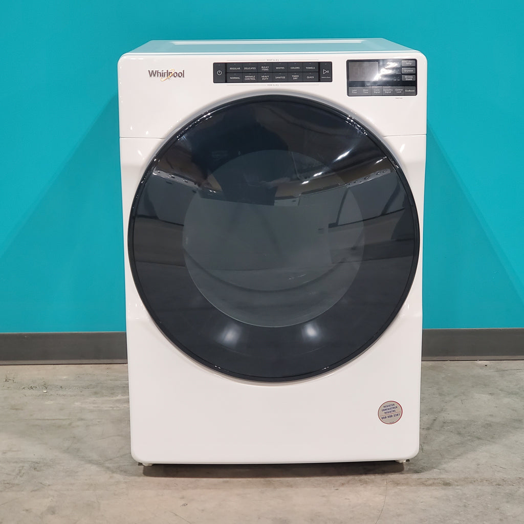 Pictures of Whirlpool Large Capacity 5.0 Cu. Ft. Front Load Washer with Quick Wash Cycle and Sanitize Cycle in White WFW6605MW - Scratch and Dent (Minor) and 7.4 Cu. Ft. Electric Wrinkle Shield Dryer with Advanced Moisture Sensing WED5605MW - Open Box - Neu Appliance Outlet - Discount Appliance Outlet in Austin, Tx
