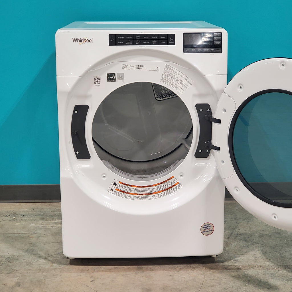 Pictures of Whirlpool Large Capacity 5.0 Cu. Ft. Front Load Washer with Quick Wash Cycle and Sanitize Cycle in White WFW6605MW - Scratch and Dent (Minor) and 7.4 Cu. Ft. Electric Wrinkle Shield Dryer with Advanced Moisture Sensing WED5605MW - Open Box - Neu Appliance Outlet - Discount Appliance Outlet in Austin, Tx