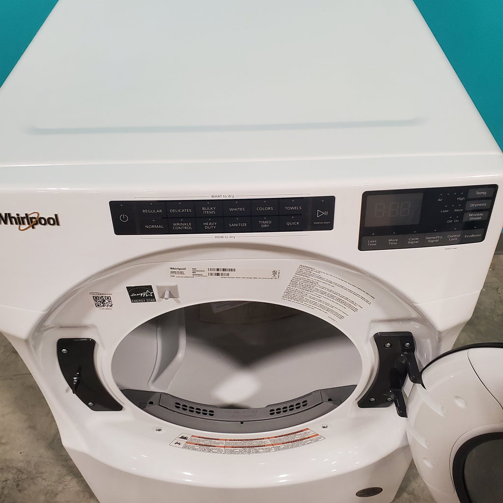 Pictures of Whirlpool Large Capacity 5.0 Cu. Ft. Front Load Washer with Quick Wash Cycle and Sanitize Cycle in White WFW6605MW - Scratch and Dent (Minor) and 7.4 Cu. Ft. Electric Wrinkle Shield Dryer with Advanced Moisture Sensing WED5605MW - Open Box - Neu Appliance Outlet - Discount Appliance Outlet in Austin, Tx