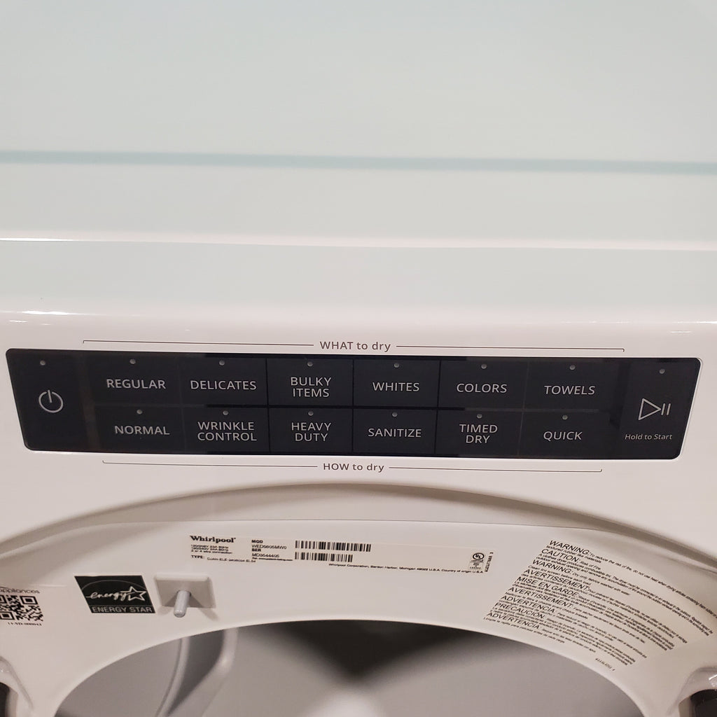 Pictures of Whirlpool Large Capacity 5.0 Cu. Ft. Front Load Washer with Quick Wash Cycle and Sanitize Cycle in White WFW6605MW - Scratch and Dent (Minor) and 7.4 Cu. Ft. Electric Wrinkle Shield Dryer with Advanced Moisture Sensing WED5605MW - Open Box - Neu Appliance Outlet - Discount Appliance Outlet in Austin, Tx