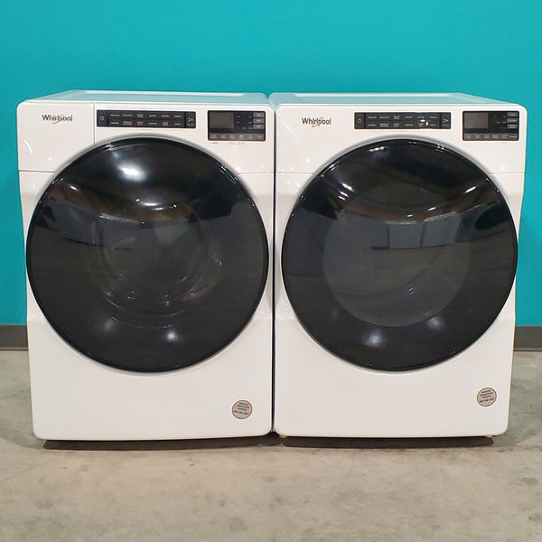 Whirlpool Large Capacity 5.0 Cu. Ft. Front Load Washer with Quick Wash Cycle and Sanitize Cycle in White WFW6605MW - Scratch and Dent (Minor) and 7.4 Cu. Ft. Electric Wrinkle Shield Dryer with Advanced Moisture Sensing WED5605MW - Open Box