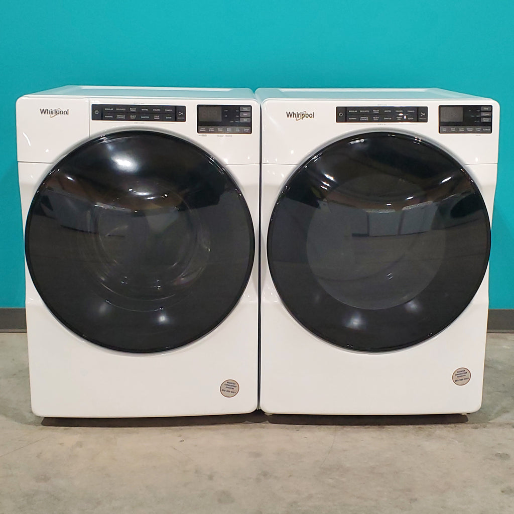 Pictures of Whirlpool Large Capacity 5.0 Cu. Ft. Front Load Washer with Quick Wash Cycle and Sanitize Cycle in White WFW6605MW - Scratch and Dent (Minor) and 7.4 Cu. Ft. Electric Wrinkle Shield Dryer with Advanced Moisture Sensing WED5605MW - Open Box - Neu Appliance Outlet - Discount Appliance Outlet in Austin, Tx