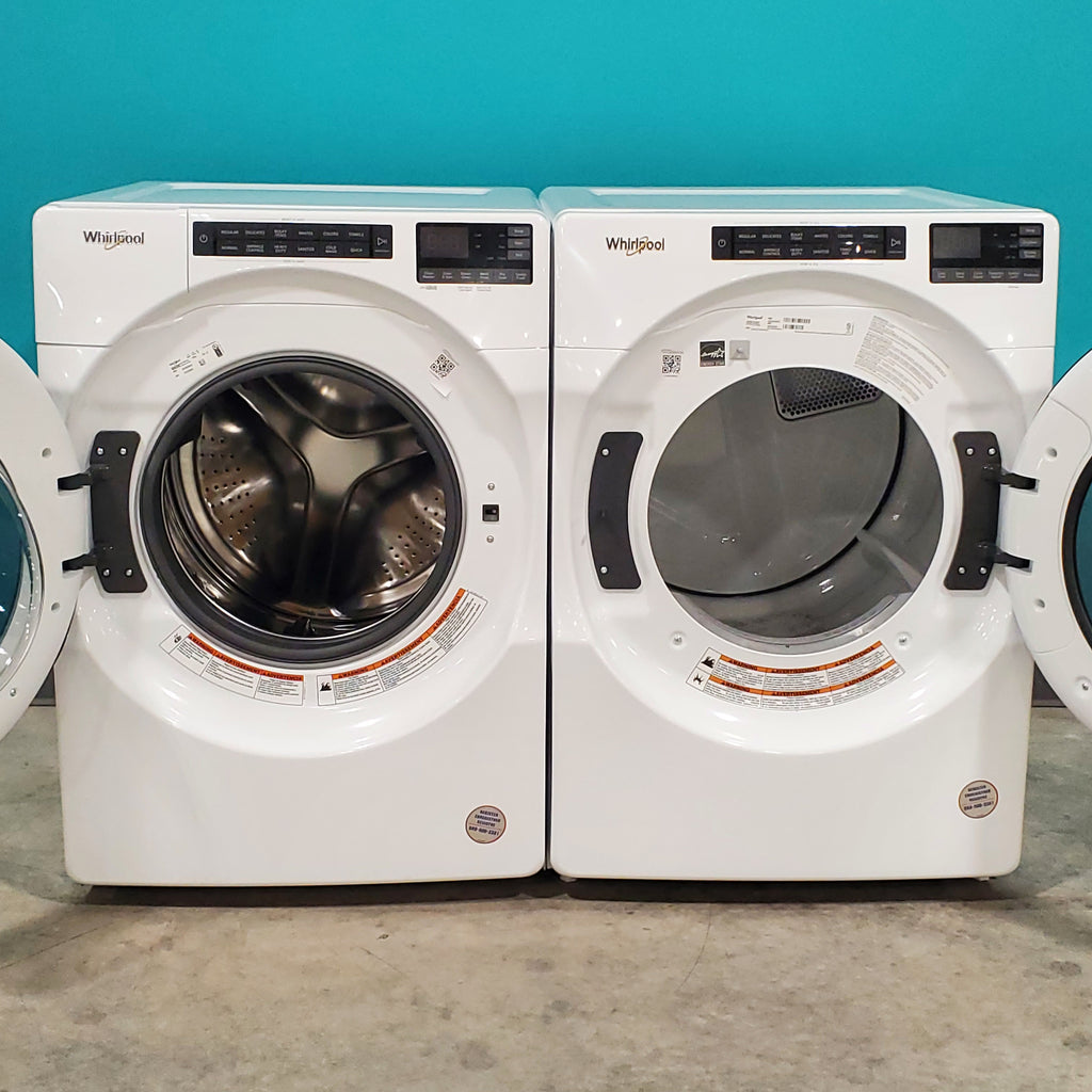 Pictures of Whirlpool Large Capacity 5.0 Cu. Ft. Front Load Washer with Quick Wash Cycle and Sanitize Cycle in White WFW6605MW - Scratch and Dent (Minor) and 7.4 Cu. Ft. Electric Wrinkle Shield Dryer with Advanced Moisture Sensing WED5605MW - Open Box - Neu Appliance Outlet - Discount Appliance Outlet in Austin, Tx