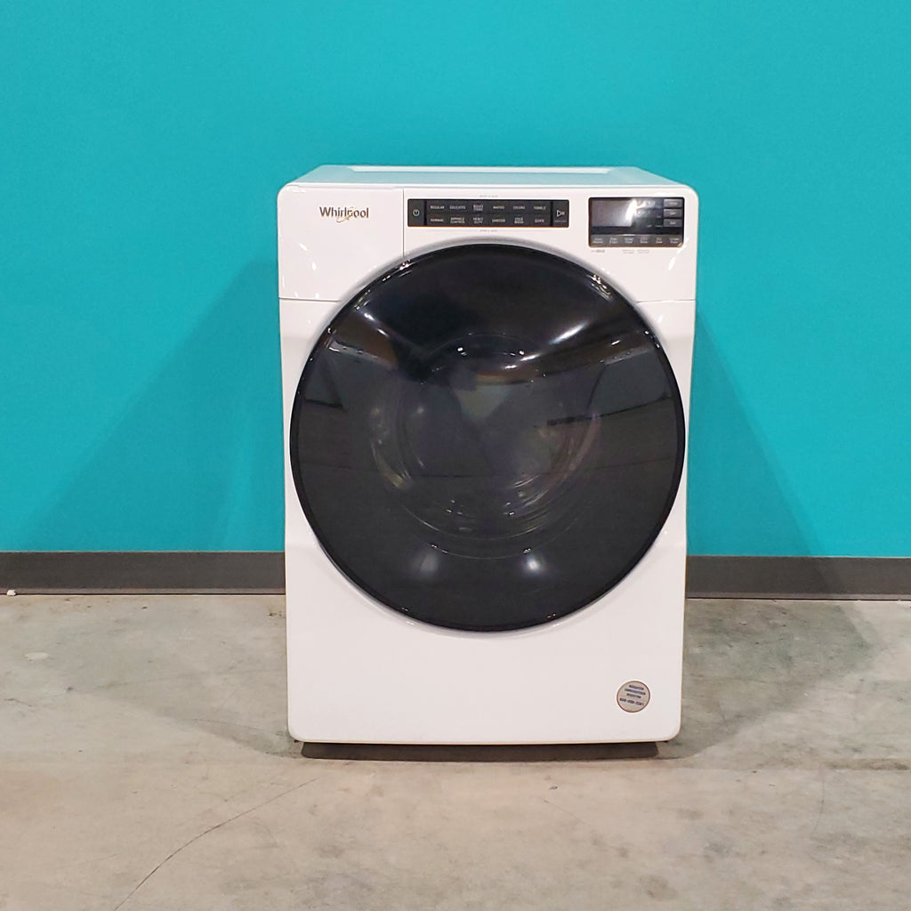 Pictures of Whirlpool Large Capacity 5.0 Cu. Ft. Front Load Washer with Quick Wash Cycle and Sanitize Cycle in White WFW6605MW - Scratch and Dent (Minor) and 7.4 Cu. Ft. Electric Wrinkle Shield Dryer with Advanced Moisture Sensing WED5605MW - Open Box - Neu Appliance Outlet - Discount Appliance Outlet in Austin, Tx