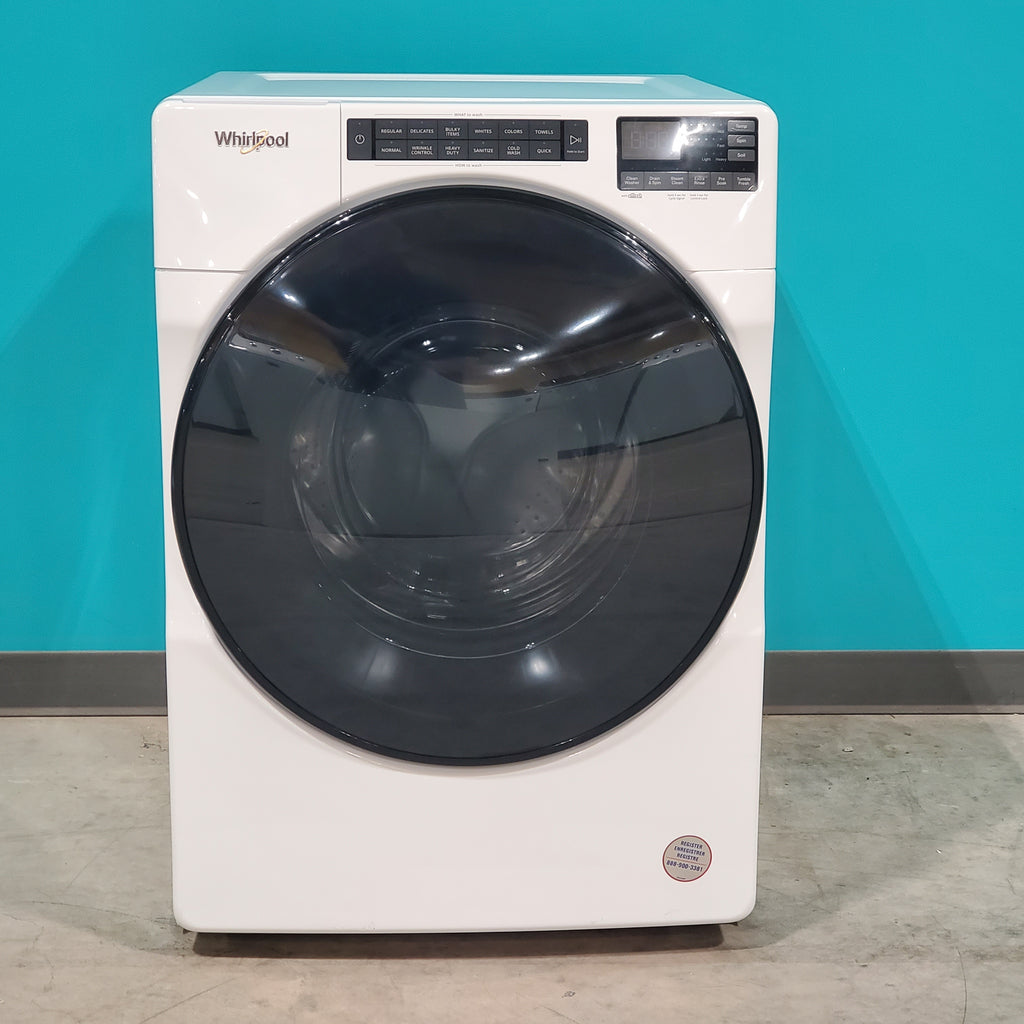 Pictures of Whirlpool Large Capacity 5.0 Cu. Ft. Front Load Washer with Quick Wash Cycle and Sanitize Cycle in White WFW6605MW - Scratch and Dent (Minor) and 7.4 Cu. Ft. Electric Wrinkle Shield Dryer with Advanced Moisture Sensing WED5605MW - Open Box - Neu Appliance Outlet - Discount Appliance Outlet in Austin, Tx