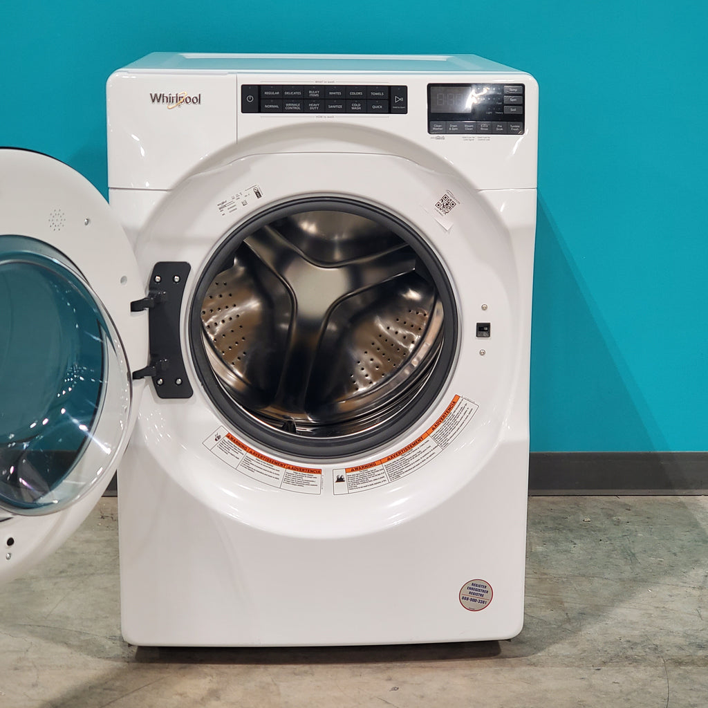 Pictures of Whirlpool Large Capacity 5.0 Cu. Ft. Front Load Washer with Quick Wash Cycle and Sanitize Cycle in White WFW6605MW - Scratch and Dent (Minor) and 7.4 Cu. Ft. Electric Wrinkle Shield Dryer with Advanced Moisture Sensing WED5605MW - Open Box - Neu Appliance Outlet - Discount Appliance Outlet in Austin, Tx