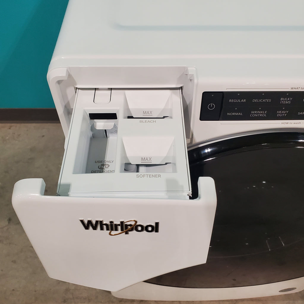Pictures of Whirlpool Large Capacity 5.0 Cu. Ft. Front Load Washer with Quick Wash Cycle and Sanitize Cycle in White WFW6605MW - Scratch and Dent (Minor) and 7.4 Cu. Ft. Electric Wrinkle Shield Dryer with Advanced Moisture Sensing WED5605MW - Open Box - Neu Appliance Outlet - Discount Appliance Outlet in Austin, Tx