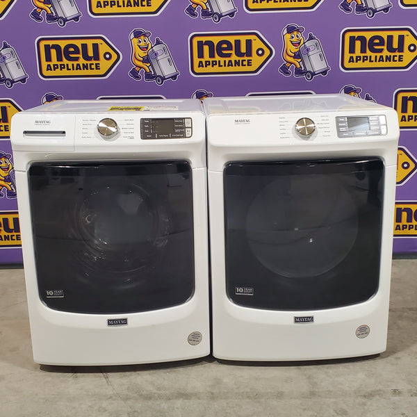 Maytag White 4.5 cu. ft. Front Load Washer with Extra Power and 12-Hr Fresh Spin™ Option MHW5630HW and  Stackable 7.3 cu. ft. Front Load Steam Gas Dryer with Extra Power and Quick Dry Cycle MGD6630HW