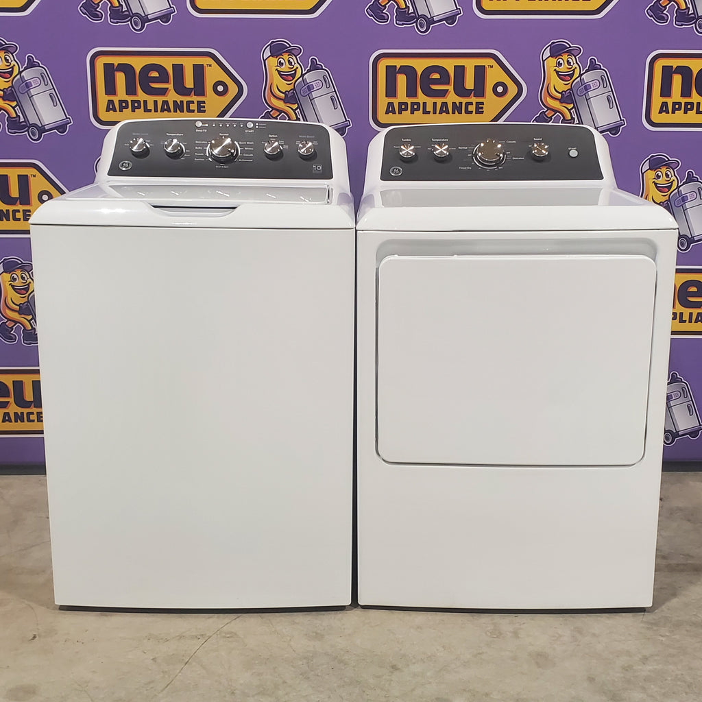 Pictures of GE 4.5 cu. ft. Capacity Washer with Stainless Steel Basket, Cold Plus and Wash Boost and GE 7.2 cu. ft. Capacity Electric Dryer with Up To 120 ft. Venting and Extended Tumble - Neu Appliance Outlet - Discount Appliance Outlet in Austin, Tx