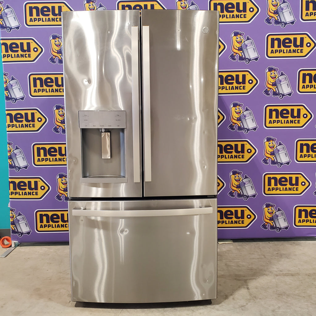 Pictures of GE Standard Depth Fingerprint Resistant 3 Door 27.8 Cu. Ft. French Door Refrigerator with Ice Maker, Water and Ice Dispenser, and Door within Door GFD28GYNFS - Certified Refurbished - Neu Appliance Outlet - Discount Appliance Outlet in Austin, Tx