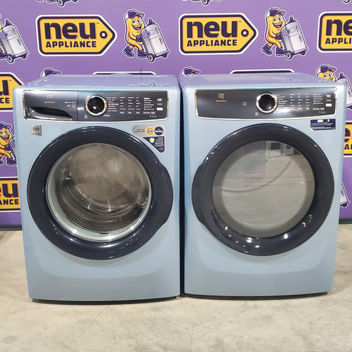 Glacier Blue Electrolux 27 in. 4.5 cu.ft. HE Front Load ENERGY STAR Washer with LuxCare Wash System 20-minutes Fast Wash ELFW7437AG and  8 cu.ft. Electric Dryer vented Front Load Perfect Steam Dryer with Instant Refresh ELFE7437AG