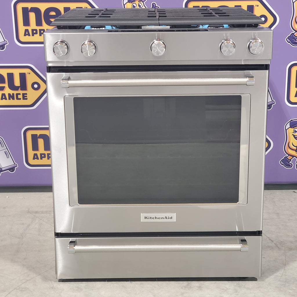 Pictures of KitchenAid Stainless Steel Convection 30" 5 Burner Slide-in Gas Range with Even-Heat™ True Convection and Steam Rack KSGG700ESS - Open Box - Neu Appliance Outlet - Discount Appliance Outlet in Austin, Tx