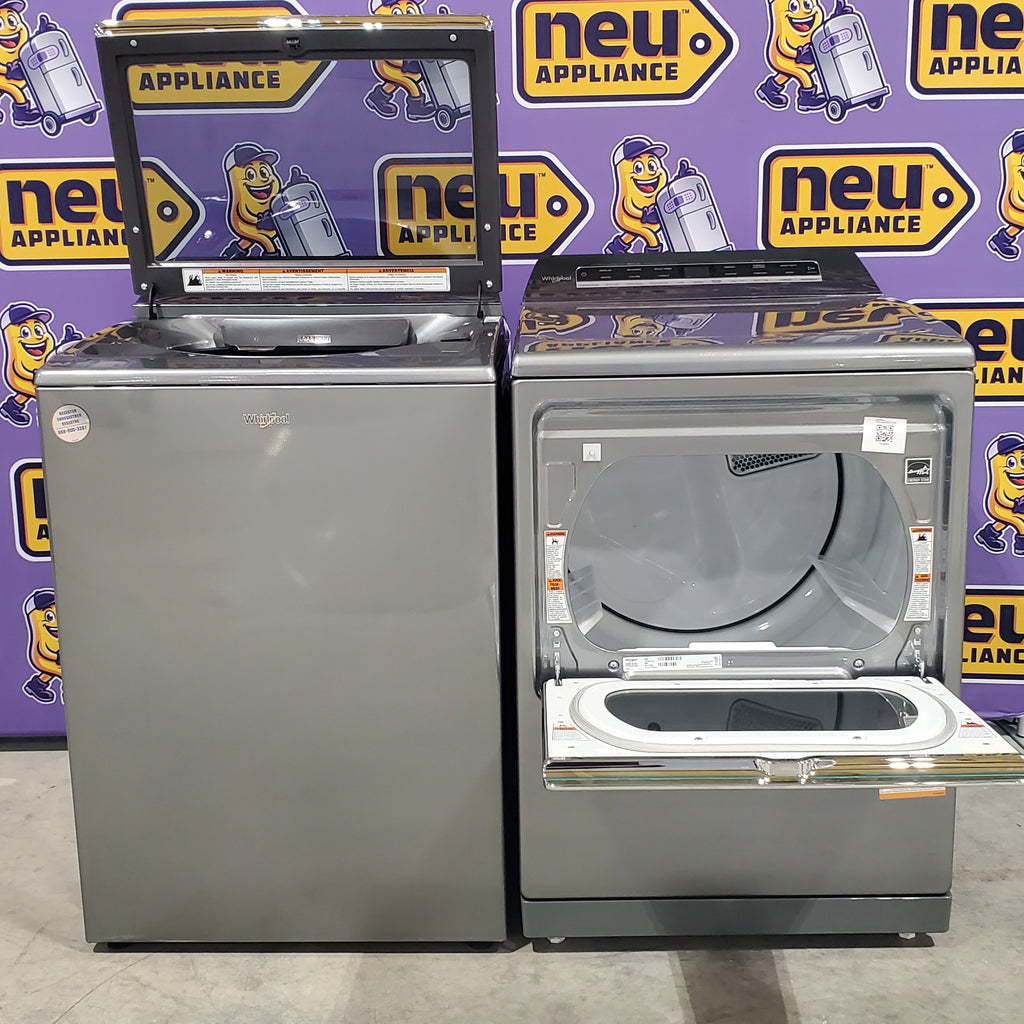 Whirlpool Chrome Shadow 5.2 - 5.3 cu. ft. ENERGY STAR Top Load Washer with 2 in 1 Removable Agitator and Load & Go™ dispenser WTW8127LC and  7.4 cu. ft. Top Load Electric Dryer with Advanced Moisture Sensing WED8127LC - Scratch & Dent - Minor