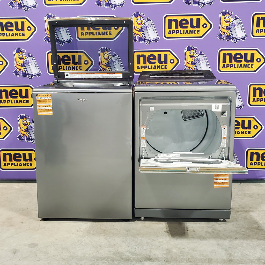 Pictures of Whirlpool Chrome Shadow 5.2 - 5.3 cu. ft. ENERGY STAR Top Load Washer with 2 in 1 Removable Agitator and Load & Go™ dispenser WTW8127LC and 7.4 cu. ft. Top Load Electric Dryer with Advanced Moisture Sensing WED8127LC - Scratch & Dent - Minor - Neu Appliance Outlet - Discount Appliance Outlet in Austin, Tx