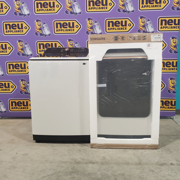5.5 cu. ft. Samsung Extra-Large Capacity Smart Super Speed Ivory Top Load Washer (Open Box) and 7.4-cu ft Electric Steam Sanitize+ Dryer in Ivory  (New in Box)