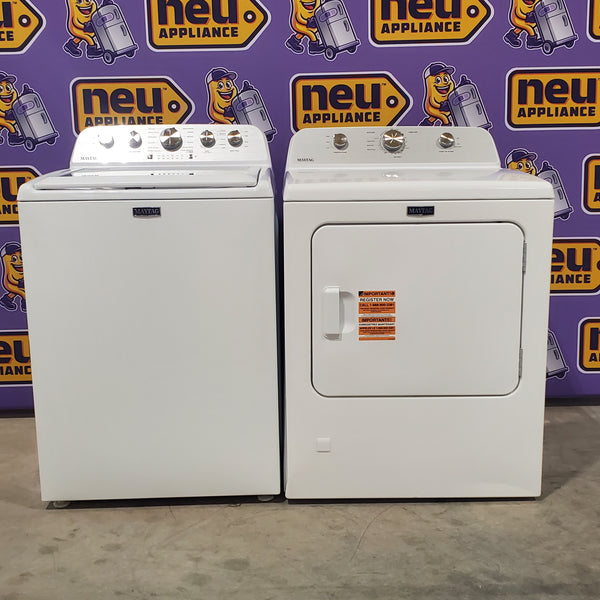 Maytag Top Load 4.7 cu. ft. Agitator Washer with Extra Power and Deep Fill Option MVW5435PW and Gas Wrinkle Prevent 7.0 cu. ft Dryer with End of Cycle Signal MGD4500MW