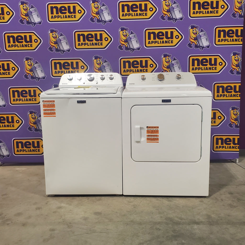 Pictures of Maytag Top Load 4.8 Cu. Ft. Washer with Extra Power MVW5430MW - Scratch and Dent (Moderate) and Maytag Front Load Wrinkle Prevent Electric 7.0 Cu. Ft. Dryer with End of Cycle Signal MED4500MW - Open Box - Neu Appliance Outlet - Discount Appliance Outlet in Austin, Tx