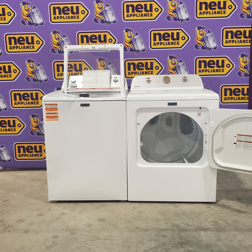 Pictures of Maytag Top Load 4.8 Cu. Ft. Washer with Extra Power MVW5430MW - Scratch and Dent (Moderate) and Maytag Front Load Wrinkle Prevent Electric 7.0 Cu. Ft. Dryer with End of Cycle Signal MED4500MW - Open Box - Neu Appliance Outlet - Discount Appliance Outlet in Austin, Tx