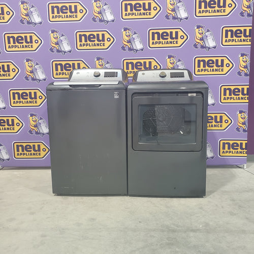 GE Diamond Gray Top Load Energy Star Smart 5.2 Cu. Ft. Washer with Sanitize with Oxi GTW840CPNDG and GE Diamond Grey Front Load Energy Star Smart Electric 7.4 Cu. Ft. Dryer with Sanitize Cycle and Sensor Dry GTD84ECPNDG - Certified Refurbished