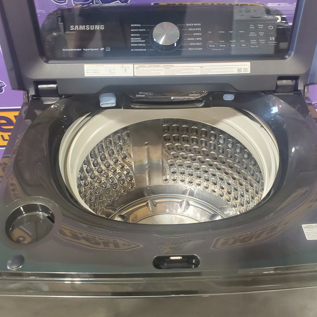 Pictures of Samsung Black Stainless Steel 5.0 Cu. Ft. Washer with SuperSpeed and Active WaterJet WA50R5400AV - Certified Refurbished and Samsung Brushed Navy Electric 7.4 Cu. Ft. Dryer with PetCare Dry and Steam Sanitize+ DVE54CG7150D - Scratch and Dent (Minor) - Neu Appliance Outlet - Discount Appliance Outlet in Austin, Tx