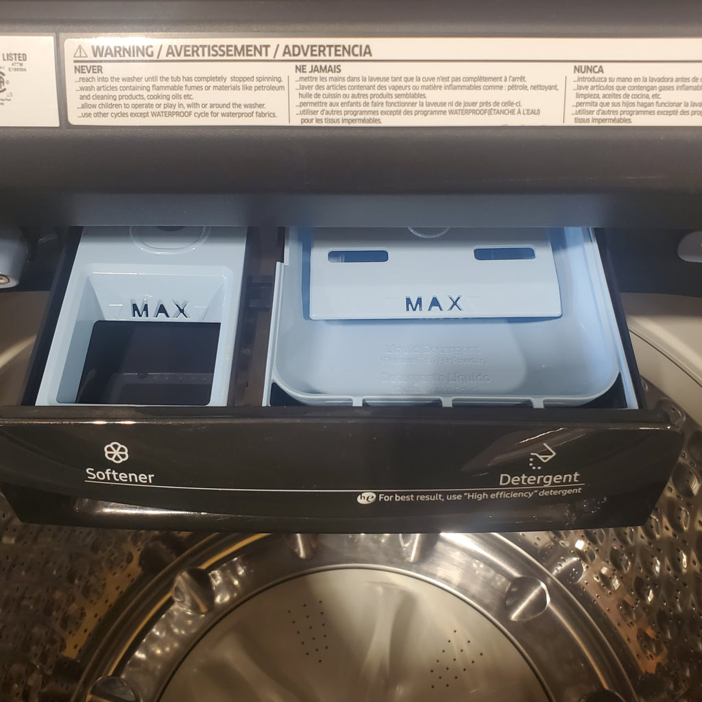 Pictures of Samsung Black Stainless Steel 5.0 Cu. Ft. Washer with SuperSpeed and Active WaterJet WA50R5400AV - Certified Refurbished and Samsung Brushed Navy Electric 7.4 Cu. Ft. Dryer with PetCare Dry and Steam Sanitize+ DVE54CG7150D - Scratch and Dent (Minor) - Neu Appliance Outlet - Discount Appliance Outlet in Austin, Tx