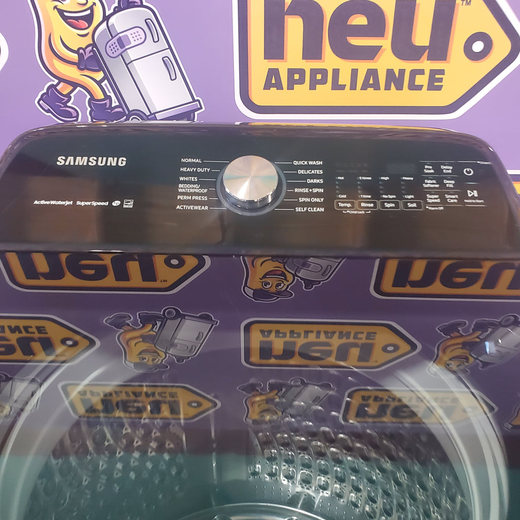 Pictures of Samsung Black Stainless Steel 5.0 Cu. Ft. Washer with SuperSpeed and Active WaterJet WA50R5400AV - Certified Refurbished and Samsung Brushed Navy Electric 7.4 Cu. Ft. Dryer with PetCare Dry and Steam Sanitize+ DVE54CG7150D - Scratch and Dent (Minor) - Neu Appliance Outlet - Discount Appliance Outlet in Austin, Tx
