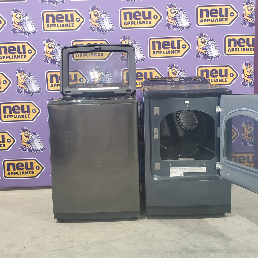 Pictures of Samsung Black Stainless Steel 5.0 Cu. Ft. Washer with SuperSpeed and Active WaterJet WA50R5400AV - Certified Refurbished and Samsung Brushed Navy Electric 7.4 Cu. Ft. Dryer with PetCare Dry and Steam Sanitize+ DVE54CG7150D - Scratch and Dent (Minor) - Neu Appliance Outlet - Discount Appliance Outlet in Austin, Tx
