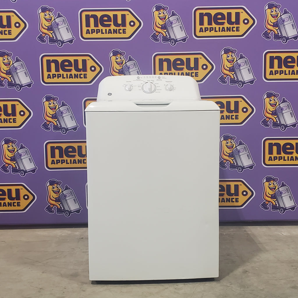 Pictures of GE White Top Load 3.8 Cu. Ft. Washer with Stainless Steel Wash Basket and PresiceFill GTW220ACKWW and GE White Electric Aluminized Alloy Drum 7.2 Cu. Ft. Dryer with Auto Dry and Wrinkle Care Extended Tumble GTD42EASJWW - Certified Refurbished - Neu Appliance Outlet - Discount Appliance Outlet in Austin, Tx