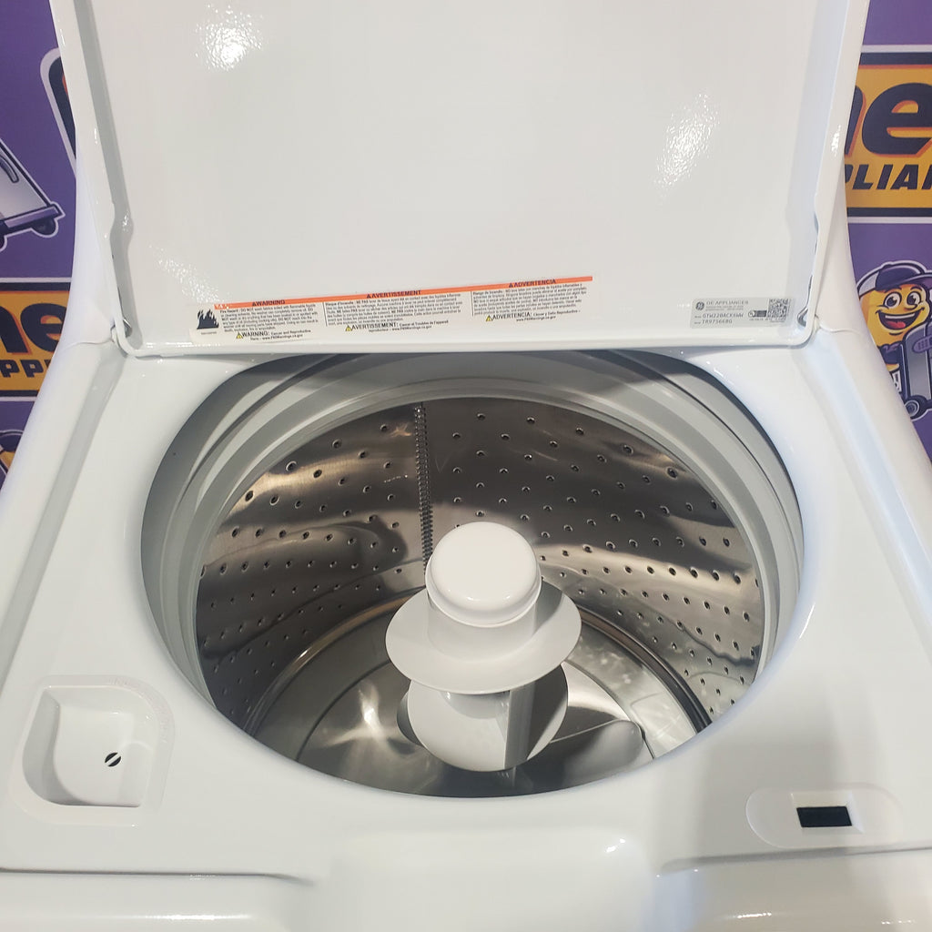 Pictures of GE White Top Load 3.8 Cu. Ft. Washer with Stainless Steel Wash Basket and PresiceFill GTW220ACKWW and GE White Electric Aluminized Alloy Drum 7.2 Cu. Ft. Dryer with Auto Dry and Wrinkle Care Extended Tumble GTD42EASJWW - Certified Refurbished - Neu Appliance Outlet - Discount Appliance Outlet in Austin, Tx