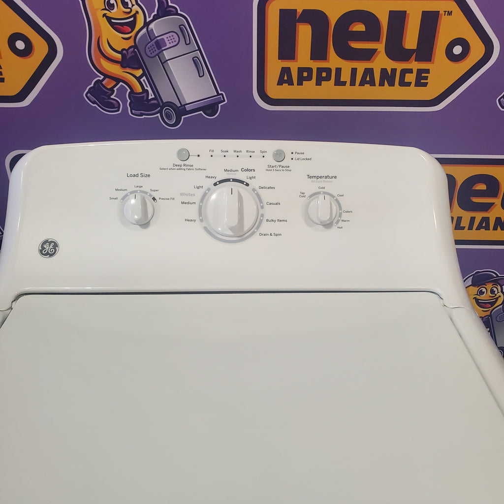 Pictures of GE White Top Load 3.8 Cu. Ft. Washer with Stainless Steel Wash Basket and PresiceFill GTW220ACKWW and GE White Electric Aluminized Alloy Drum 7.2 Cu. Ft. Dryer with Auto Dry and Wrinkle Care Extended Tumble GTD42EASJWW - Certified Refurbished - Neu Appliance Outlet - Discount Appliance Outlet in Austin, Tx