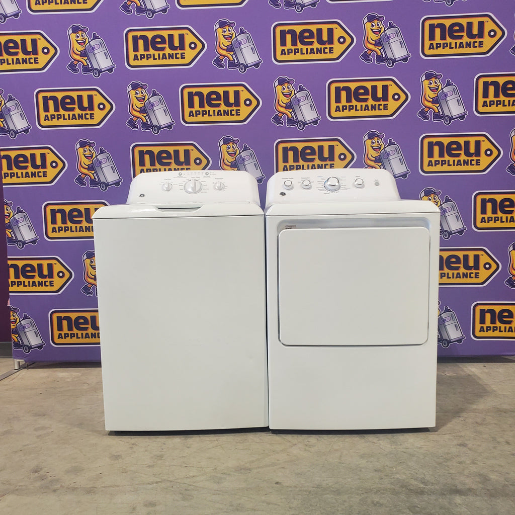 Pictures of GE White Top Load 3.8 Cu. Ft. Washer with Stainless Steel Wash Basket and PresiceFill GTW220ACKWW and GE White Electric Aluminized Alloy Drum 7.2 Cu. Ft. Dryer with Auto Dry and Wrinkle Care Extended Tumble GTD42EASJWW - Certified Refurbished - Neu Appliance Outlet - Discount Appliance Outlet in Austin, Tx