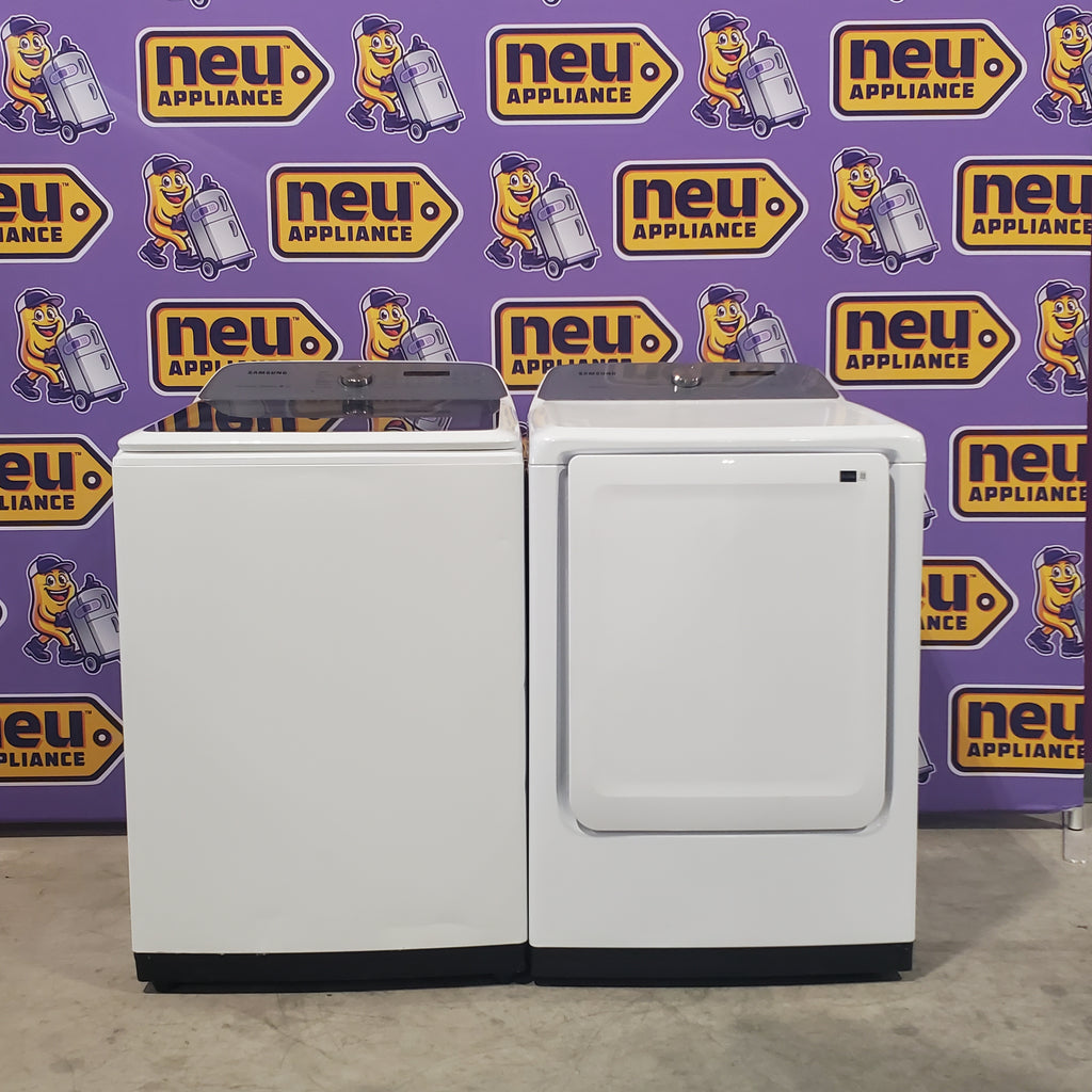 Pictures of Samsung White Top Load 5.0 Cu. Ft. Washer with Active Water Jet WA50R5200AW - Certified Refurbished and Samsung White Electric 7.4 Cu. Ft. Dryer with Sensor Dry DVE50R5200W - Scratch and Dent (Minor) - Neu Appliance Outlet - Discount Appliance Outlet in Austin, Tx