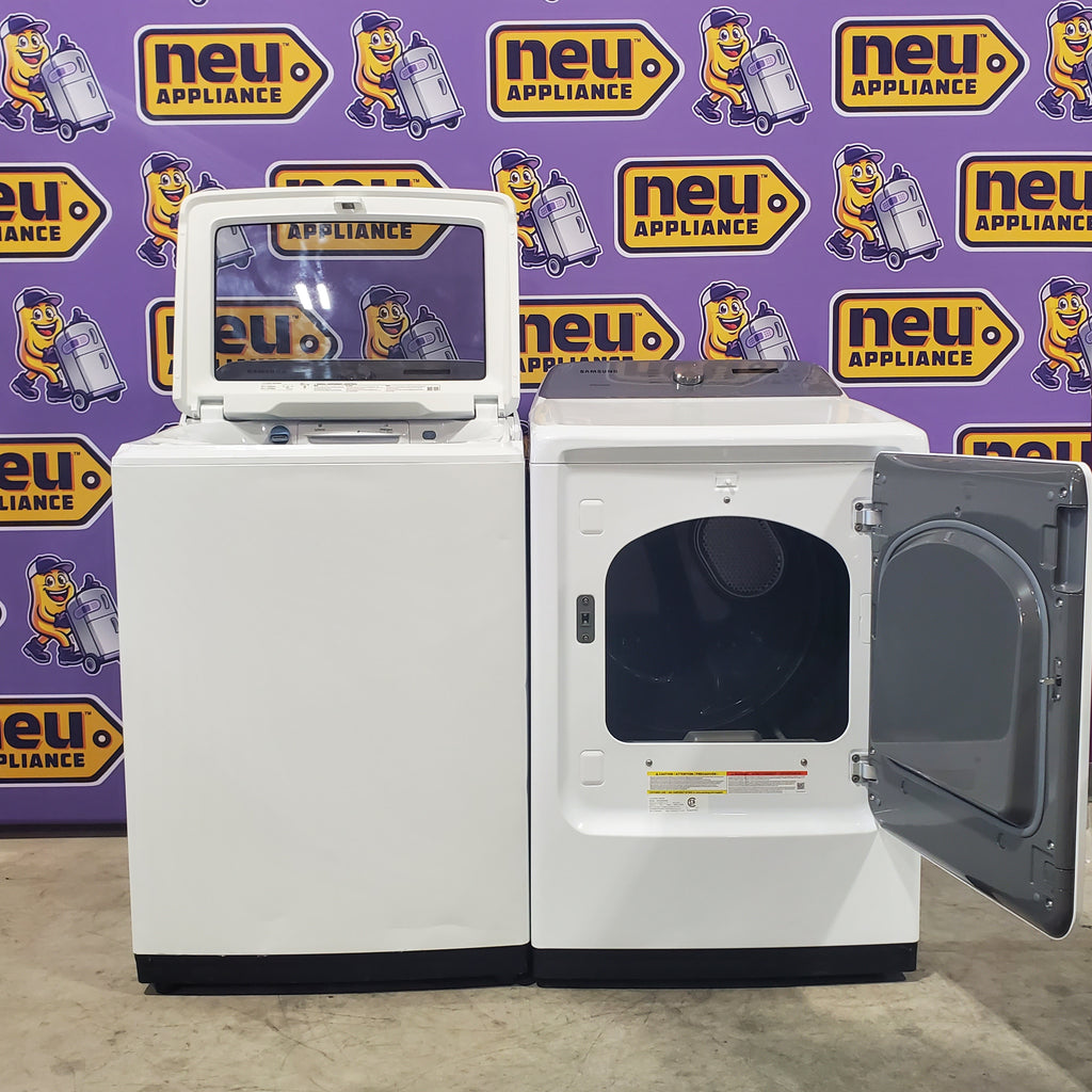 Pictures of Samsung White Top Load 5.0 Cu. Ft. Washer with Active Water Jet WA50R5200AW - Certified Refurbished and Samsung White Electric 7.4 Cu. Ft. Dryer with Sensor Dry DVE50R5200W - Scratch and Dent (Minor) - Neu Appliance Outlet - Discount Appliance Outlet in Austin, Tx