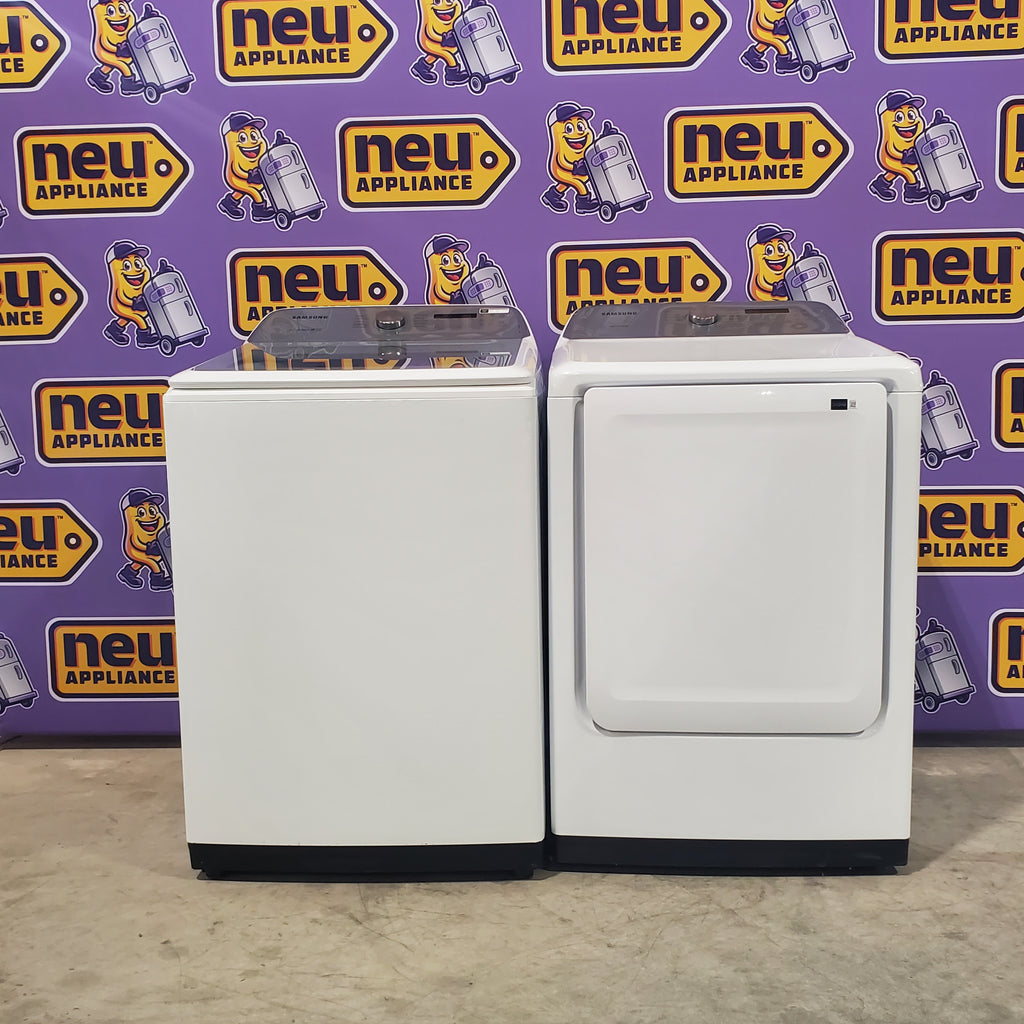 Pictures of Samsung White Top Load 5.0 Cu. Ft. Washer with Active Water Jet WA50R5200AW - Certified Refurbished and Samsung White Electric 7.4 Cu. Ft. Dryer with Sensor Dry DVE50R5200W - Scratch and Dent (Minor) - Neu Appliance Outlet - Discount Appliance Outlet in Austin, Tx