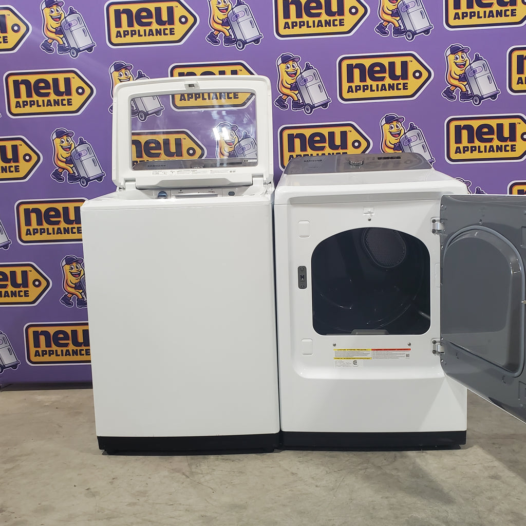 Pictures of Samsung White Top Load 5.0 Cu. Ft. Washer with Active Water Jet WA50R5200AW - Certified Refurbished and Samsung White Electric 7.4 Cu. Ft. Dryer with Sensor Dry DVE50R5200W - Scratch and Dent (Minor) - Neu Appliance Outlet - Discount Appliance Outlet in Austin, Tx