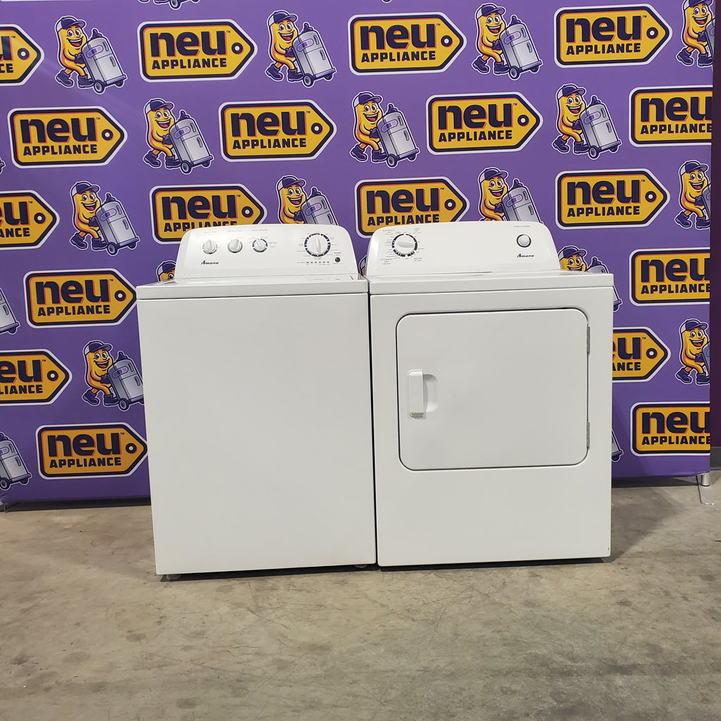 Pictures of Amana White Top Load 3.8 Cu. Ft. Washer with High Efficiency Agitator NTW4519JW and Amana White Electric 6.5 Cu. Ft. Dryer with Wrinkle Prevent Option NED4655EW - Scratch and Dent (Minor) - Neu Appliance Outlet - Discount Appliance Outlet in Austin, Tx