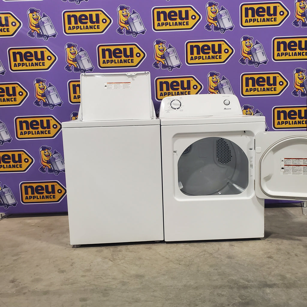 Pictures of Amana White Top Load 3.8 Cu. Ft. Washer with High Efficiency Agitator NTW4519JW and Amana White Electric 6.5 Cu. Ft. Dryer with Wrinkle Prevent Option NED4655EW - Scratch and Dent (Minor) - Neu Appliance Outlet - Discount Appliance Outlet in Austin, Tx