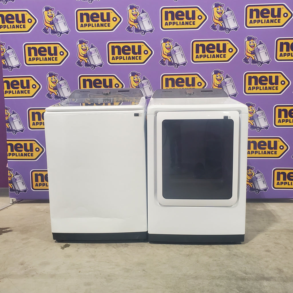 Pictures of Samsung White Top Load 5.0 Cu. Ft. Washer with Active Water Jet WA50R5200AW - Certified Refurbished and Samsung White Electric 7.4 Cu. Ft. Dryer with Sensor Dry DVE50R5200W - Open Box - Neu Appliance Outlet - Discount Appliance Outlet in Austin, Tx