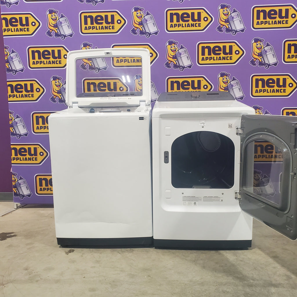 Pictures of Samsung White Top Load 5.0 Cu. Ft. Washer with Active Water Jet WA50R5200AW - Certified Refurbished and Samsung White Electric 7.4 Cu. Ft. Dryer with Sensor Dry DVE50R5200W - Open Box - Neu Appliance Outlet - Discount Appliance Outlet in Austin, Tx