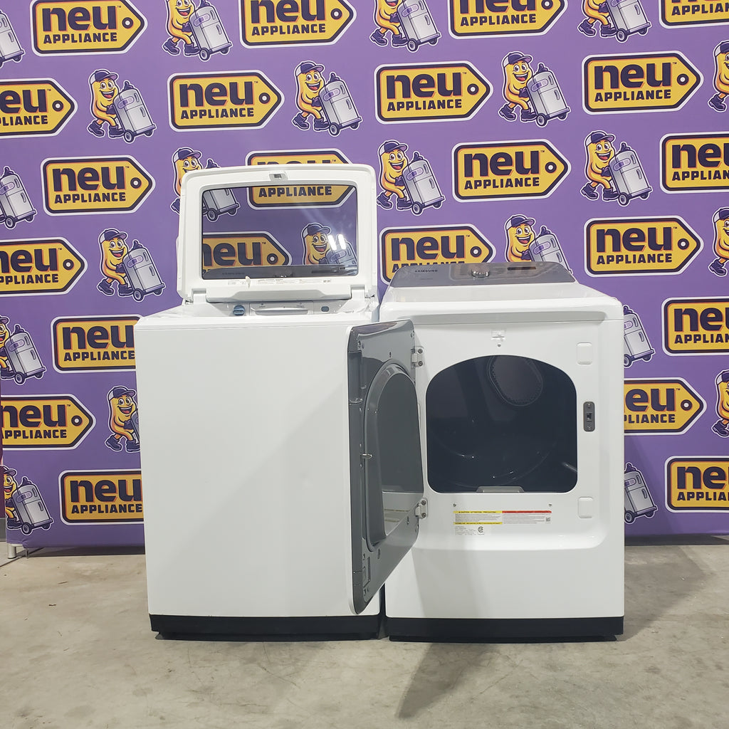 Pictures of Samsung White Top Load 5.4 Cu. Ft. Washer with Active Water Jet WA54R7200AW - Certified Refurbished and Samsung White Electric 7.4 Cu. Ft. Dryer with Sensor Dry DVE50R5200W - Scratch and Dent (Minor) - Neu Appliance Outlet - Discount Appliance Outlet in Austin, Tx