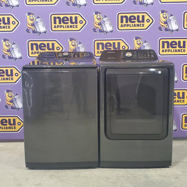 Samsung Black Stainless Steel Top Load 5.0 Cu. Ft. Washer with Super Speed WA50R5400AV - Certified Refurbished and Samsung Brushed Black Electric 7.4 Cu. Ft. Dryer with Sensor Dry DVE47CG3500V - Scratch and Dent (Minor)