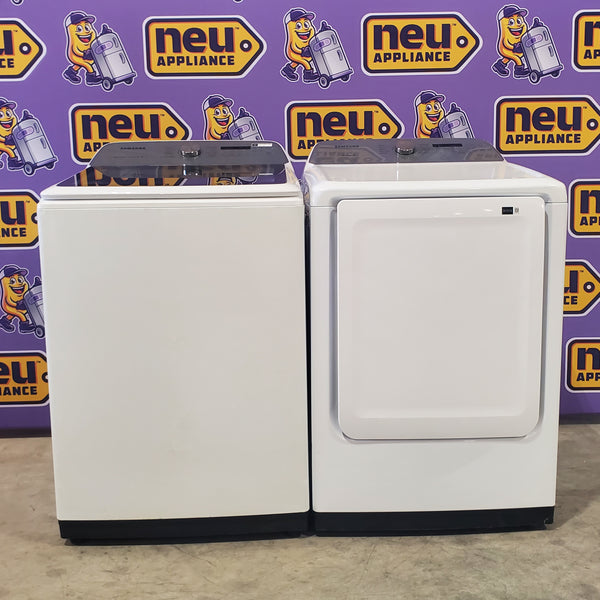 Samsung White Top Load 5.0 Cu. Ft. Washer with Super Speed WA50R5400AW - Certified Refurbished and Samsung White Electric 7.4 Cu. Ft. Dryer with Sensor Dry DVE50R5200W - Scratch and Dent (Minor)