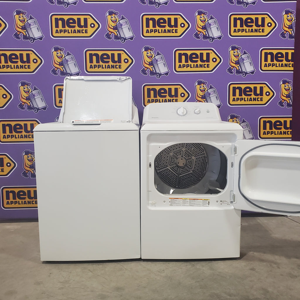 Pictures of Hotpoint White 3.8 Cu. Ft. Washer with Stainless Steel Basket HTW240ASKWS and Hotpoint White Electric 6.2 Cu. Ft. Dryer With Upfront Lint Filter HTX24EASKWS - Certified Refurbished - Neu Appliance Outlet - Discount Appliance Outlet in Austin, Tx