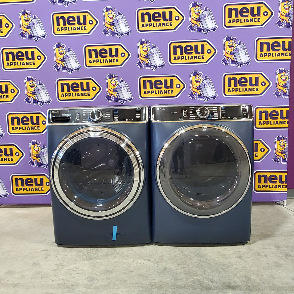 Pictures of GE Profile™ Sapphire Blue 5.3 cu. ft. Capacity Smart Front Load ENERGY STAR® Washer with UltraFresh™ Vent System+ with OdorBlock™ and GE Profile™ 7.8 cu. ft. Capacity Smart Front Load Electric Dryer with Steam and Sanitize Cycle - Open Box - Neu Appliance Outlet - Discount Appliance Outlet in Austin, Tx