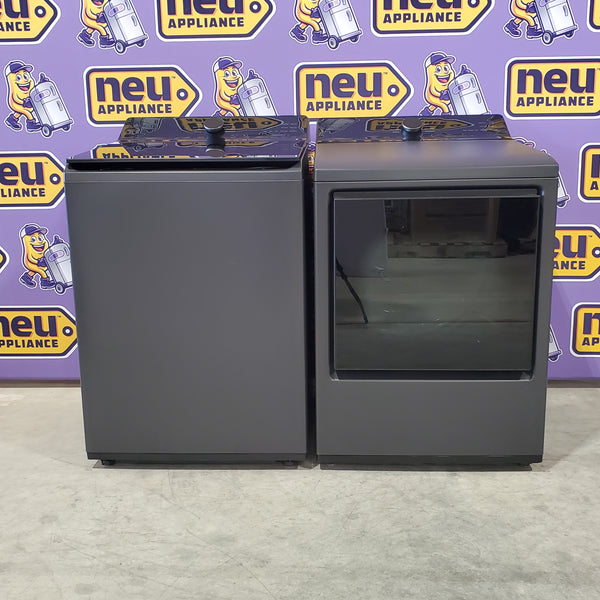 LG 5.3 cu. ft. Capacity Top Load Washer with 4-Way® Agitator and EasyUnload™ WT8405CB - Open Box and LG 7.3 cu. ft. Capacity Smart Rear Control Electric Dryer with AI Sensing, EasyLoad™ Door DLE8400BE - Open Box